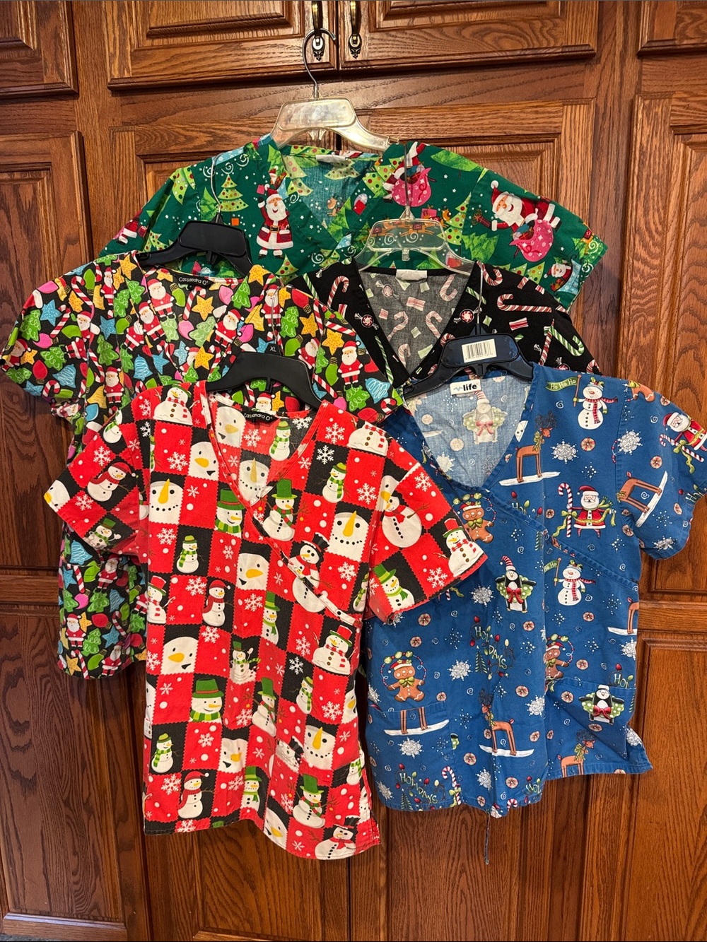 Christmas scrub tops - Festive Red, Green, Blue & Black Holiday Prints- lot of 5